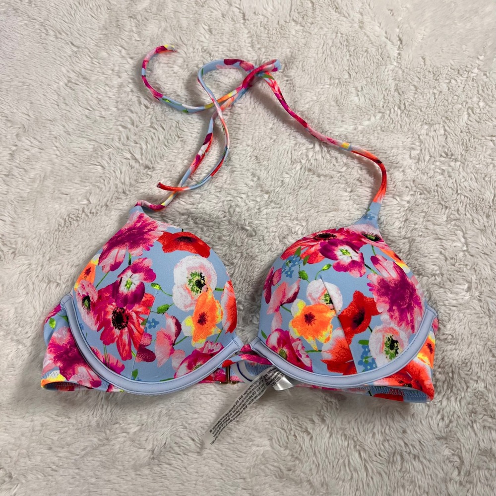 Victoria's Secret Floral Underwire Halter Bikini Top Blue Pink 34B 133351-QCN
